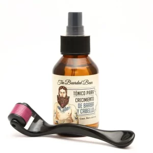 Kit de tónico para crecimiento de barba y cabello con dermaroller, para estimular los folículos y densificar el vello.